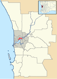 Mapa konturowa Perth, na dole po lewej znajduje się punkt z opisem „Rockingham”