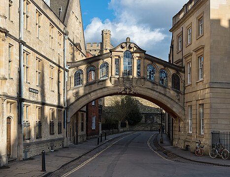 Bridge of Sighs in Oxford, view from the west, with a shadow cast by the Bodleian Library building falling on the bridge.