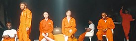 Brockhampton в феврале 2018 года. Слева направо: Мэрлин Вуд, Кевин Эбстрэкт, Джоба, Мэтт Чемпион, Дом МакЛеннон, Амир Вэн, Ромиль Хемнани