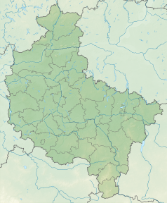 Mapa konturowa województwa wielkopolskiego, po lewej znajduje się punkt z opisem „źródło”, poniżej na prawo znajduje się również punkt z opisem „ujście”