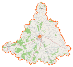 Mapa konturowa powiatu ciechanowskiego, na dole nieco na prawo znajduje się punkt z opisem „Sońsk”