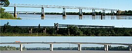 The three bridges of Cubzac. From top: Eiffel bridge, Railway bridge, Motorway bridge.