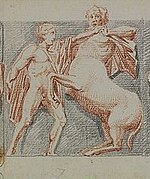 Drawing of a man fighting a centaur.