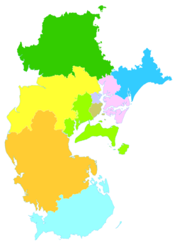 On this map of Zhanjiang, Wuchuan is the easternmost part, shown in light blue next to the region in pink.