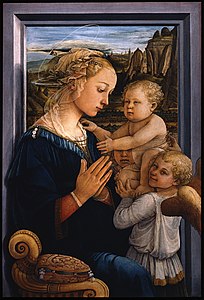 Filippo Lippi Madona kaj Infano kun Anĝelo, 95 x 64 cm.