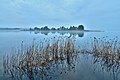 Lake Seliger. Ostashkov. View of the island of Voroniy on a foggy morning