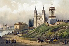 19th-century painting of a large church on a river