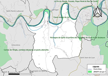 Carte des ZNIEFF de type 1 sur la commune.