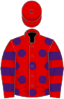 Red, purple spots, hooped sleeves, red cap