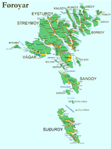 The Faroes with all cities, villages, streets, firths, major straits and mountains, ferry harbours and abandoned places.