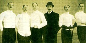 Marcello Bertinetti, Sante Ceccherini, Alessandro Pirzio Biroli, un entraîneur de l'équipe italienne, Abelardo Olivier et Riccardo Nowak aux Jeux olympiques de 1908