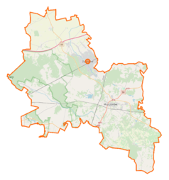 Mapa konturowa powiatu żyrardowskiego, po prawej znajduje się punkt z opisem „Radziejowice”