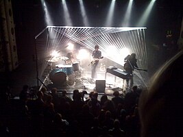 Secret Machines, performing at Metro, on October 24, 2008. Left to right: Josh Garza, Phil Karnats, Brandon Curtis.