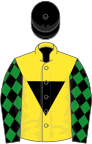 Yellow, black inverted triangle, black sleeves, green diamonds, black cap