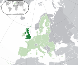 Two islands to the north-west of continental Europe. Highlighted are the larger island and the north-eastern fifth of the smaller island to the west.