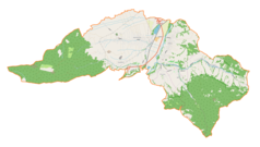 Mapa konturowa gminy Radziechowy-Wieprz, po prawej znajduje się punkt z opisem „Juszczyna”