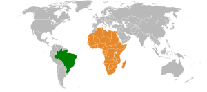 Mapa indicando localização do Brasil e da União Africana.