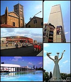 Clockwise frae tap: 1.Catholic Kirk o Mersin, 2.Mertim Touer, 3.Peace Memorial, 4.Mersin Congress an Exhibition Center, 5.Servet Tazegül Sportshall which is uised in 2013 Mediterranean Gemmes.