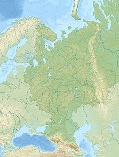 Mapa konturowa europejskiej części Rosji, na dole znajduje się punkt z opisem „źródło”, natomiast na dole nieco na prawo znajduje się punkt z opisem „ujście”