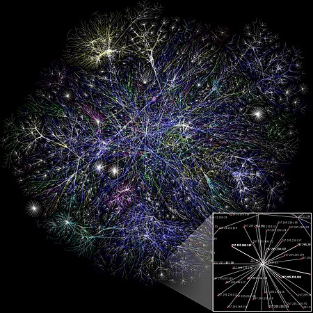 A partial map of the Internet in 2005. During this decade use of the Internet, and especially the World Wide Web, rapidly took off.