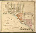 Paramaribo in 1821. Indicated in brown is the area devastated by the city fire of that year.