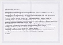 Requiem for Jean Charles de Menezes : Notes on the state of Exception/ Notes sur l'état d'exception, 2005. Text pile/window announcement with statement: A5 double-sided photocopies, no copyright.