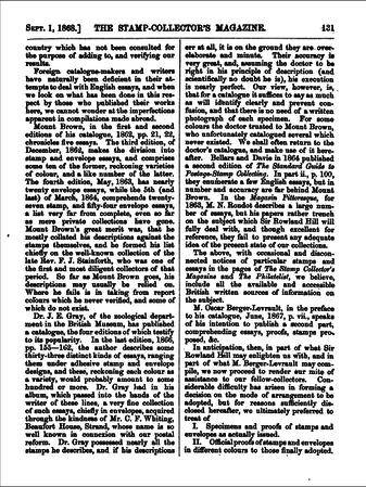 Страница с описанием ранних каталогов марок Дж. Грея (1866) и О. Берже-Левро (1867)