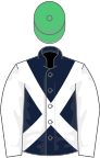 Dark blue, white cross sashes, white sleeves, emerald green cap