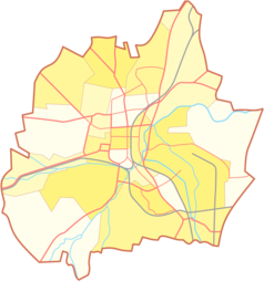 Mapa konturowa Częstochowy, w centrum znajduje się punkt z opisem „Instytut Historii Uniwersytetu Humanistyczno-Przyrodniczego im. Jana Długosza w Częstochowie”