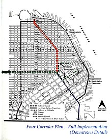 A map of the northeast portion of San Francisco. Marked corridors are on Van Ness Avenue, Geary Street, Third Street, and Stockton Street plus Columbus Avenue.