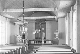 Idre kyrka, Dalarna, predikstolen och triumfkrucifixet (1933).