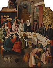 After Hieronymus Bosch. The Marriage at Cana label QS:Len,"The Marriage at Cana" label QS:Lmk,"Свадбата во Кана" label QS:Lnl,"De bruiloft van Kana" . 1555-1600. oil on panel medium QS:P186,Q296955;P186,Q106857709,P518,Q861259 . 93 × 72 cm (36.6 × 28.3 in). Rotterdam, Museum Boijmans Van Beuningen.