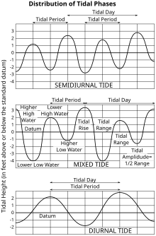 Three graphs. The first shows the twice-daily rising and falling tide pattern with nearly regular high and low elevations. The second shows the much more variable high and low tides that form a "mixed tide". The third shows the day-long period of a diurnal tide.