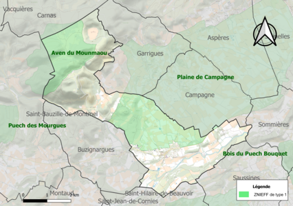 Carte des ZNIEFF de type 1 sur la commune.