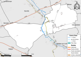 Carte en couleur présentant le réseau hydrographique de la commune