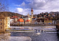 Naabwehr in Schwandorf mit Spitalkirche und Pfarrkirche St. Jakob im Hintergrund