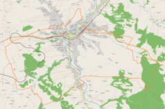 Mapa konturowa Grybowa, u góry znajduje się punkt z opisem „Grybów”