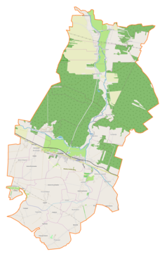 Mapa konturowa gminy Ćmielów, po lewej nieco na dole znajduje się punkt z opisem „Podkościele”