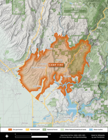 The footprint of the Camp Fire, which burned from the Feather River Canyon to Highway 99