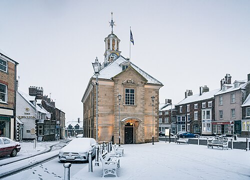 Brackley Town Hall in January 2019, seen from the north, with fresh snow.