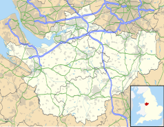 Mapa konturowa Cheshire, na dole znajduje się punkt z opisem „Wrenbury-cum-Frith”