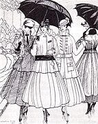 "Sigue lloviendo", ilustración de la Gazette du Bon Ton, mostrando un desfile de moda; de izquierda a derecha, abrigos de Paquin, Lanvin, Douillet y Paquin, 1915.