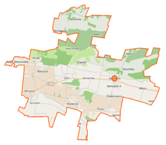 Mapa konturowa gminy Kampinos, blisko centrum na prawo znajduje się punkt z opisem „Kampinos”