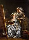 Adelaide Labille-Guiard, 1785, amb dos alumnes. Vista subjectiva del pintor treballant. és possible que les dones pintores realment treballessin amb aquesta vestimenta.