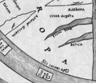 Detalle do mapa Beato de Turín. Similar ao Beato de Girona, o mapa sitúa Gallecia na parte norte da península ibérica xunto a Asturias e a cidade de Santiago (Sti. Jacobi Apstli). Ano 1150.