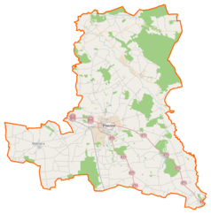 Mapa konturowa powiatu pleszewskiego, po prawej nieco na dole znajduje się punkt z opisem „Tursko”