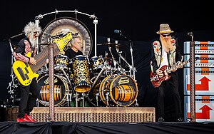 ZZ Top performing at Tons of Rock 2024. From left: Elwood Francis, Frank Beard, Billy Gibbons