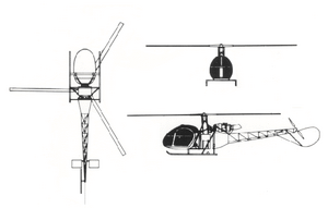 Orthographically projected diagram of the Aérospatiale Alouette II.