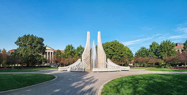 Engineering Foundation at Purdue University in the summer of 2016. Frederick L. Hovde Hall of Administration on the left behind the fountain.