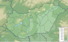 Mapa konturowa Węgier, u góry po lewej znajduje się punkt z opisem „źródło”, natomiast po lewej nieco u góry znajduje się punkt z opisem „ujście”